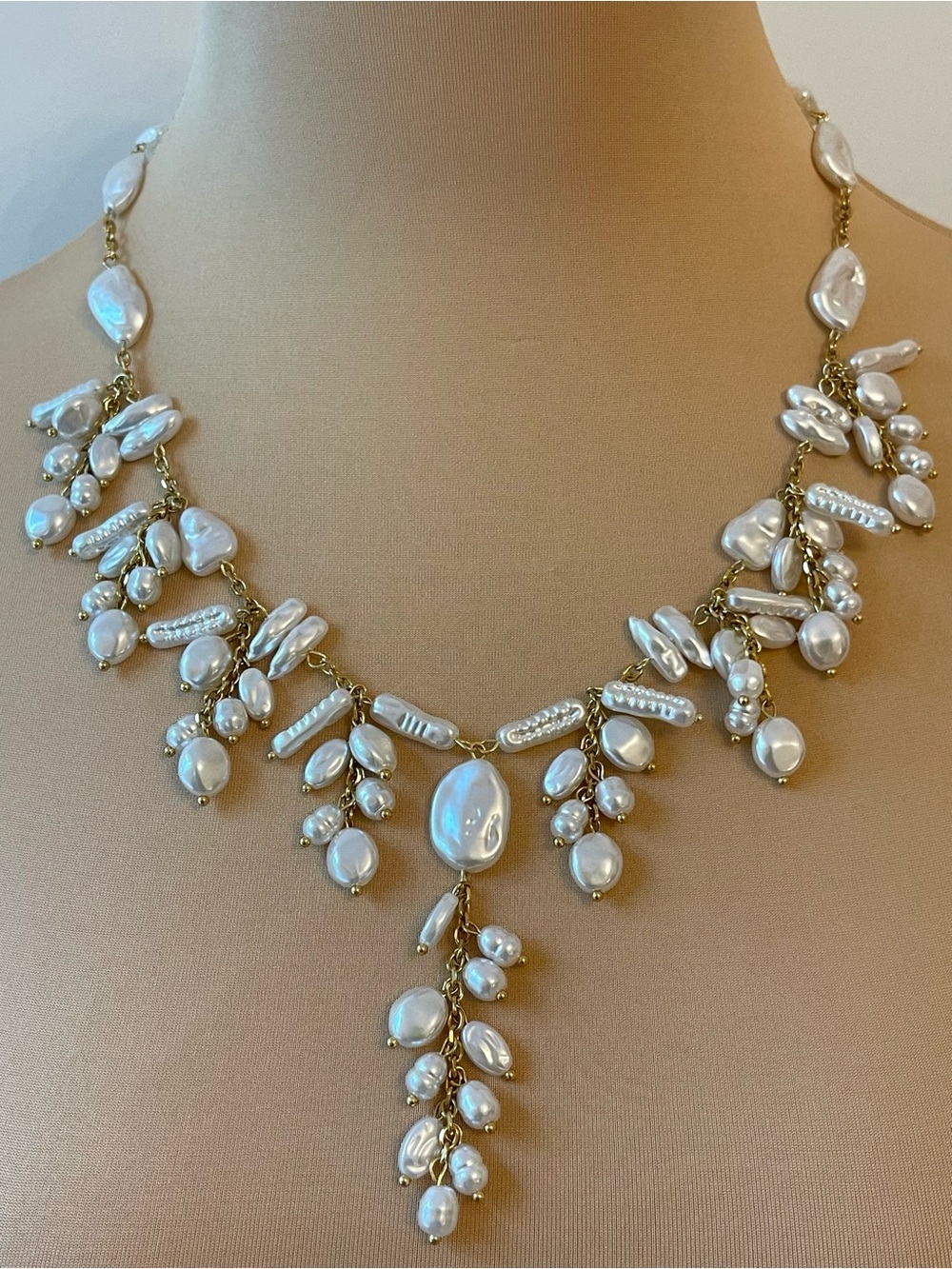 Gold-Tone White Faux Pearl Cluster Bib Necklace